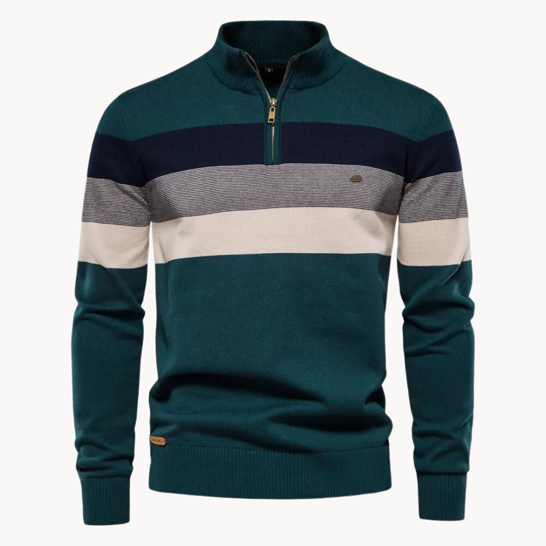 Maglione slim fit uomo a righe con cerniera. Versatile e confortevole, ideale per outfit moderni autunno/inverno.