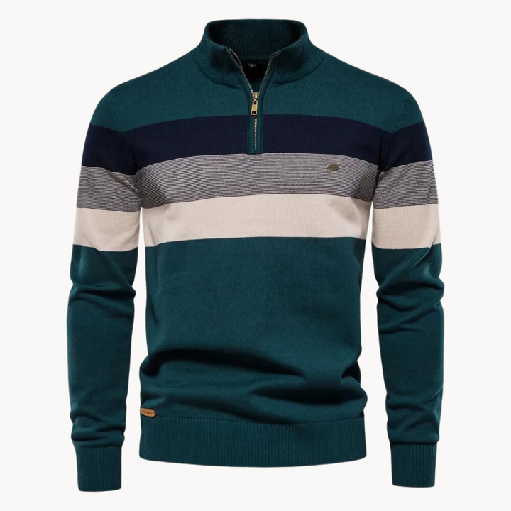 Maglione slim fit uomo a righe con cerniera. Versatile e confortevole, ideale per outfit moderni autunno/inverno.