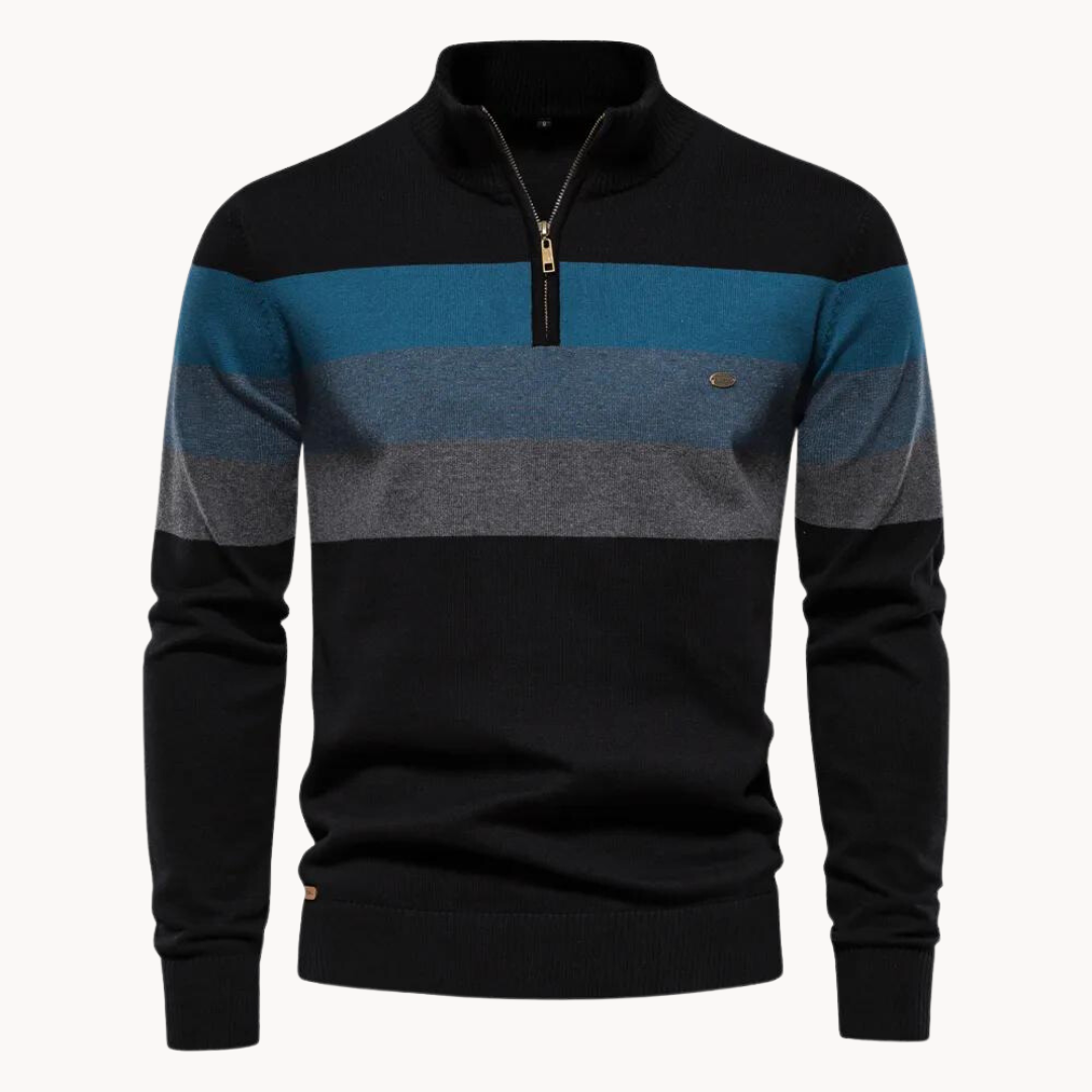 Maglione uomo nero a righe con cerniera, manica lunga. Look casual o elegante per serate fresche e inverno.