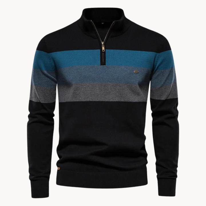 Maglione uomo nero a righe con cerniera, manica lunga. Look casual o elegante per serate fresche e inverno.