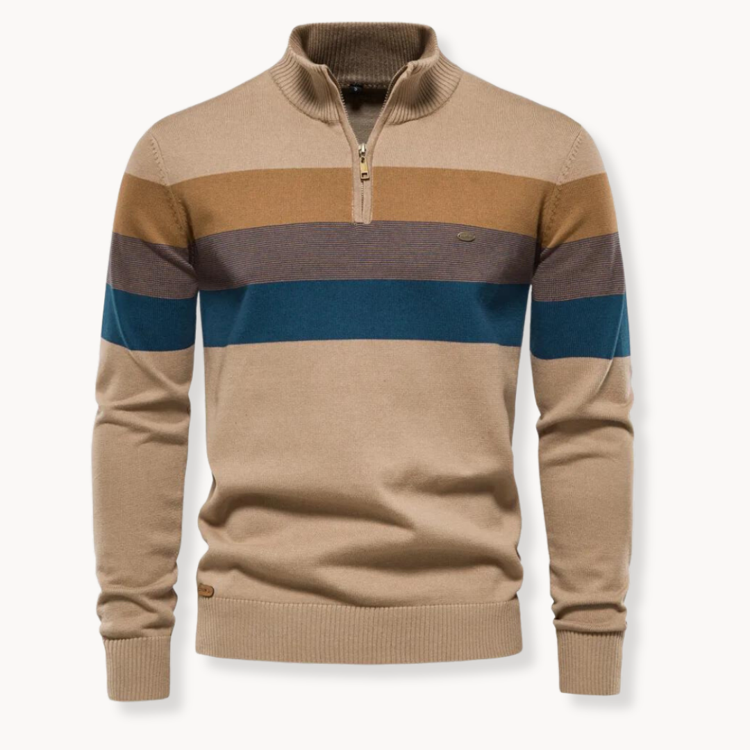 Maglione a righe con cerniera, stile senza tempo. Comfort moderno per uomo, perfetto per le mezze stagioni.