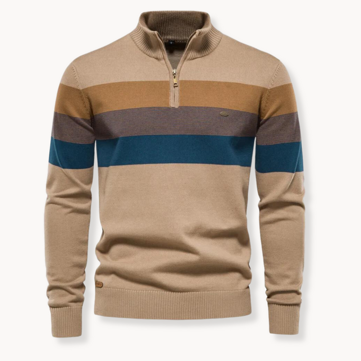 Maglione a righe con cerniera, stile senza tempo. Comfort moderno per uomo, perfetto per le mezze stagioni.