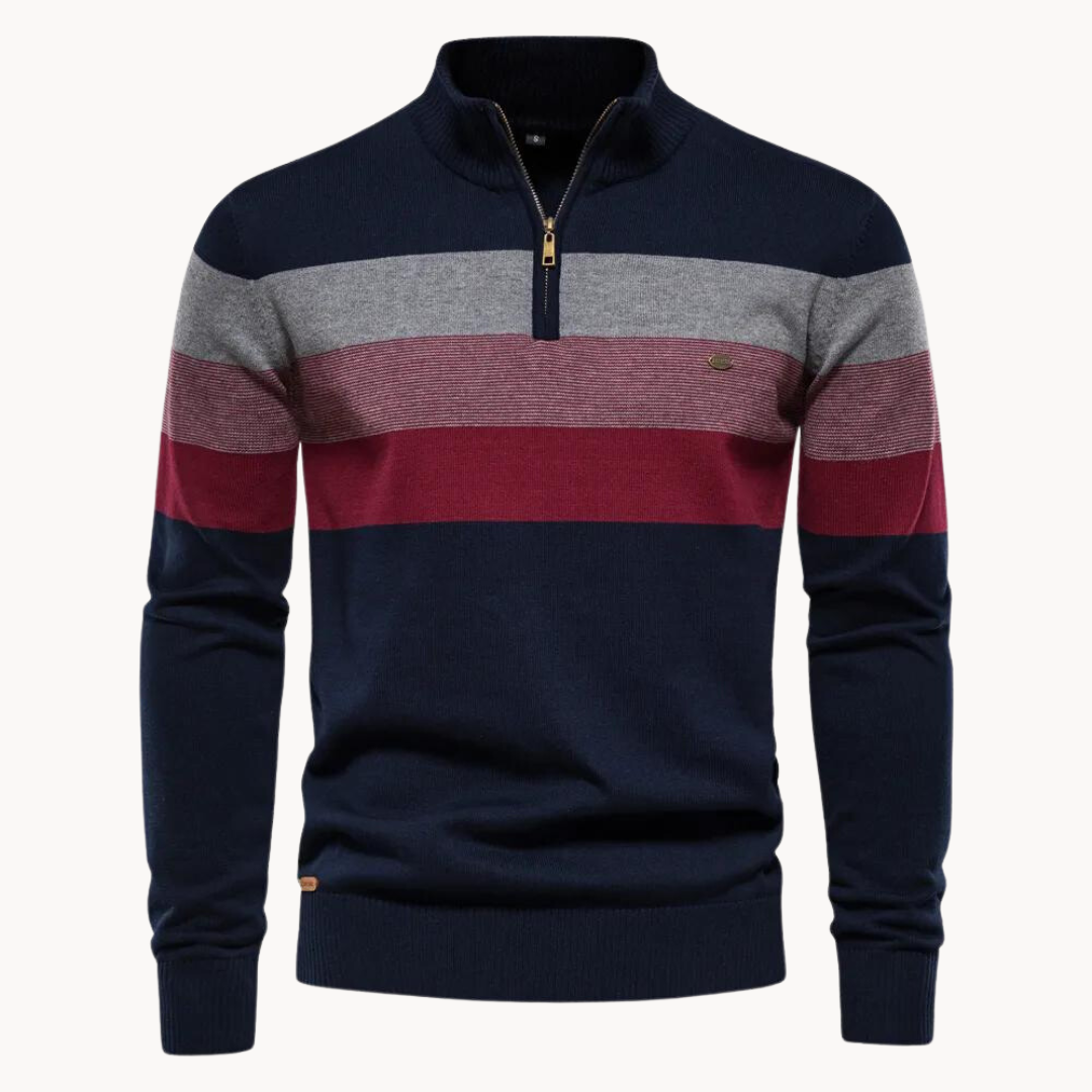 Maglione a righe da uomo blu e verde con cerniera. Stile casual ed elegante, comfort moderno per autunno/inverno.