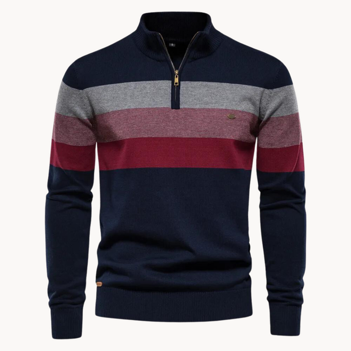 Maglione a righe da uomo blu e verde con cerniera. Stile casual ed elegante, comfort moderno per autunno/inverno.