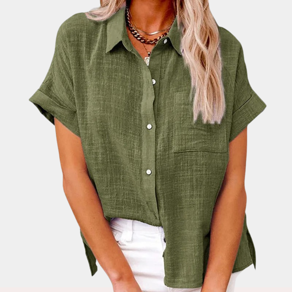 Blusa donna comoda con maniche lunghe e bottoni, perfetta per uno stile femminile e abbigliamento versatile.