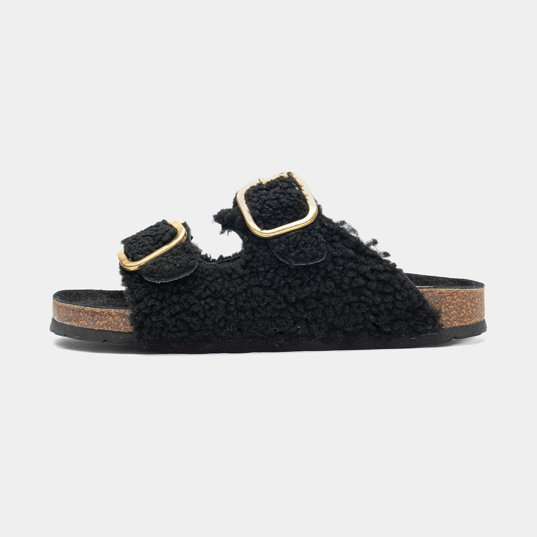 Slipper nere da donna, casual e comode, con fasce regolabili per massimo comfort e aderenza.