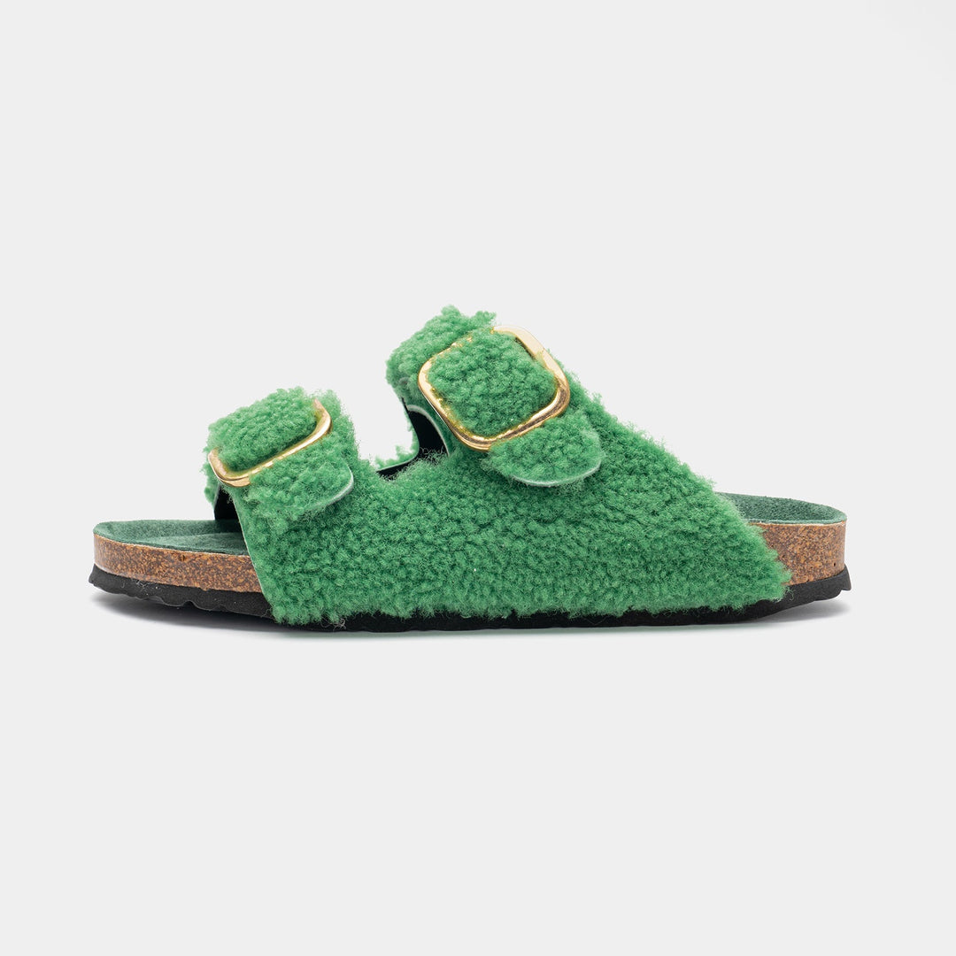 Sandali moda donna color verde con doppie fibbie regolabili, design moderno e confortevole per l'estate.