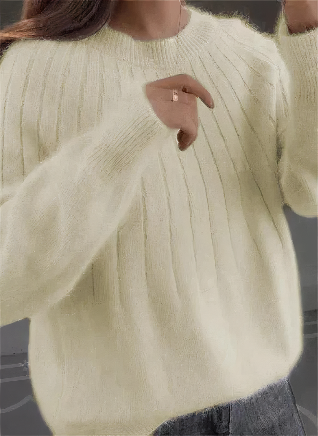 Retro di maglione donna girocollo su modella. Pullover invernale morbido, elegante e di tendenza. Moda donna.