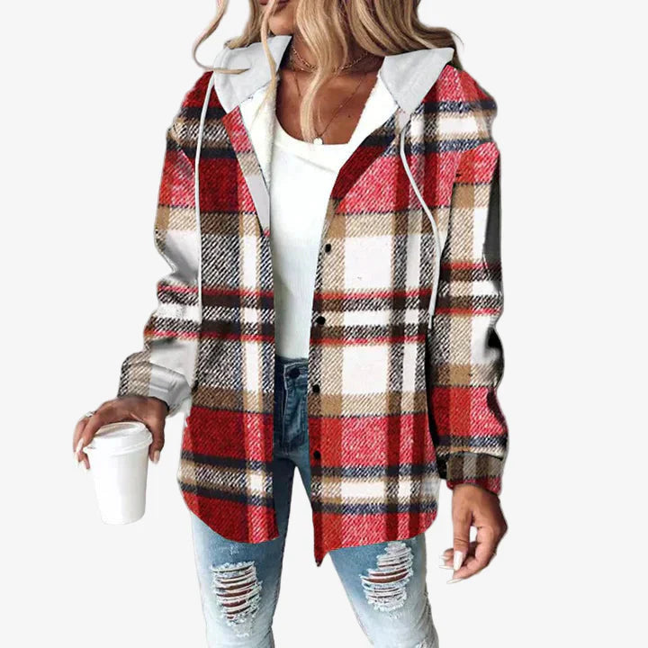 Felpa donna casual a quadri con cappuccio e bottoni, ideale per abbigliamento moda autunno/inverno, giacca leggera.