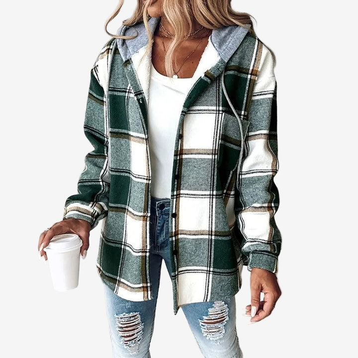 Cardigan felpa donna con cappuccio e bottoni, a quadri, abbigliamento versatile per la moda autunnale e invernale.