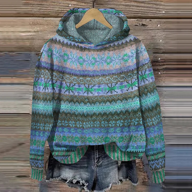 Felpa donna casual con cappuccio, stampa etnica e dettagli folk. Perfetta per il comfort autunnale e la moda invernale.