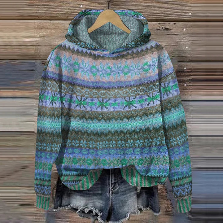 Felpa donna casual con cappuccio, stampa etnica e dettagli folk. Perfetta per il comfort autunnale e la moda invernale.
