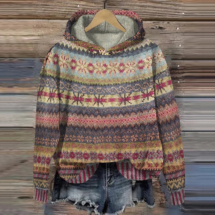 Felpa donna con cappuccio e stampa etnica chic. Ideale per look casual autunno/inverno, comfort e stile folk.