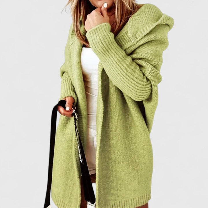 Felpa donna cardigan con cappuccio generoso, per stile rilassato, moda autunno inverno e capi versatili.
