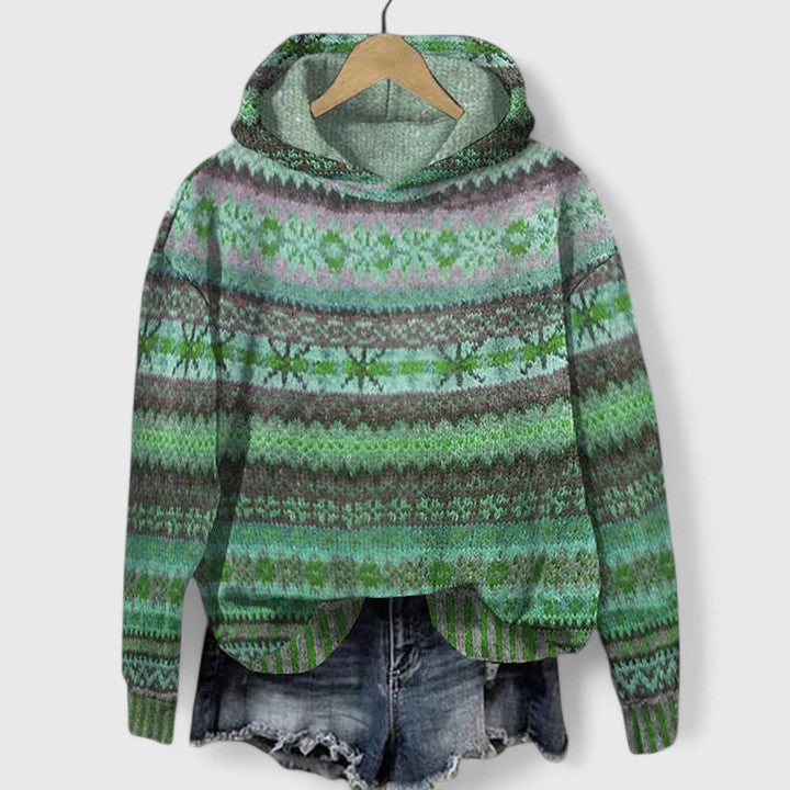 Felpa donna morbida con cappuccio e design jacquard boho. Perfetta per un look autunno/inverno unico e alla moda.