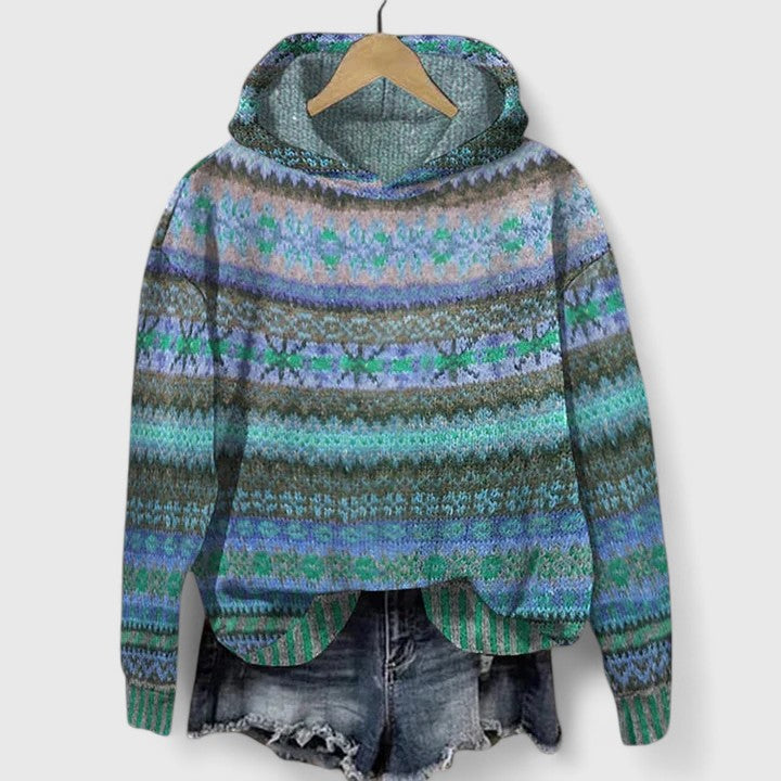 Felpa donna autunno/inverno con cappuccio, motivo jacquard multicolore. Offre comfort e stile unico.
