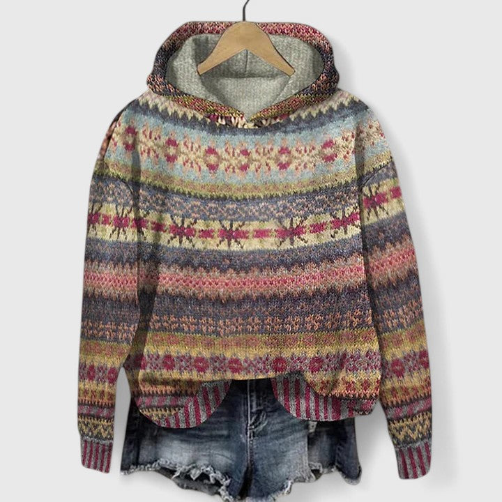 Felpa donna con cappuccio multicolore e motivo jacquard. Ideale per look casual autunno/inverno e comfort.