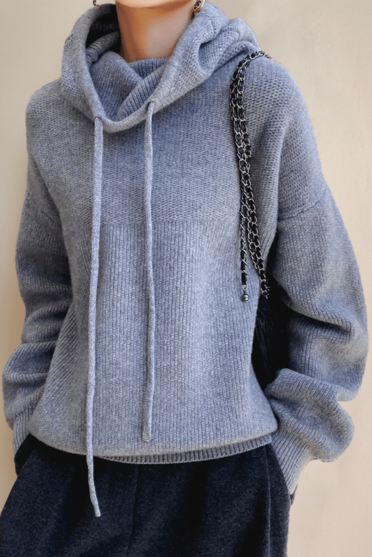 Felpa oversize donna blu scuro con cappuccio e coulisse, maglia calda e confortevole per l'inverno.
