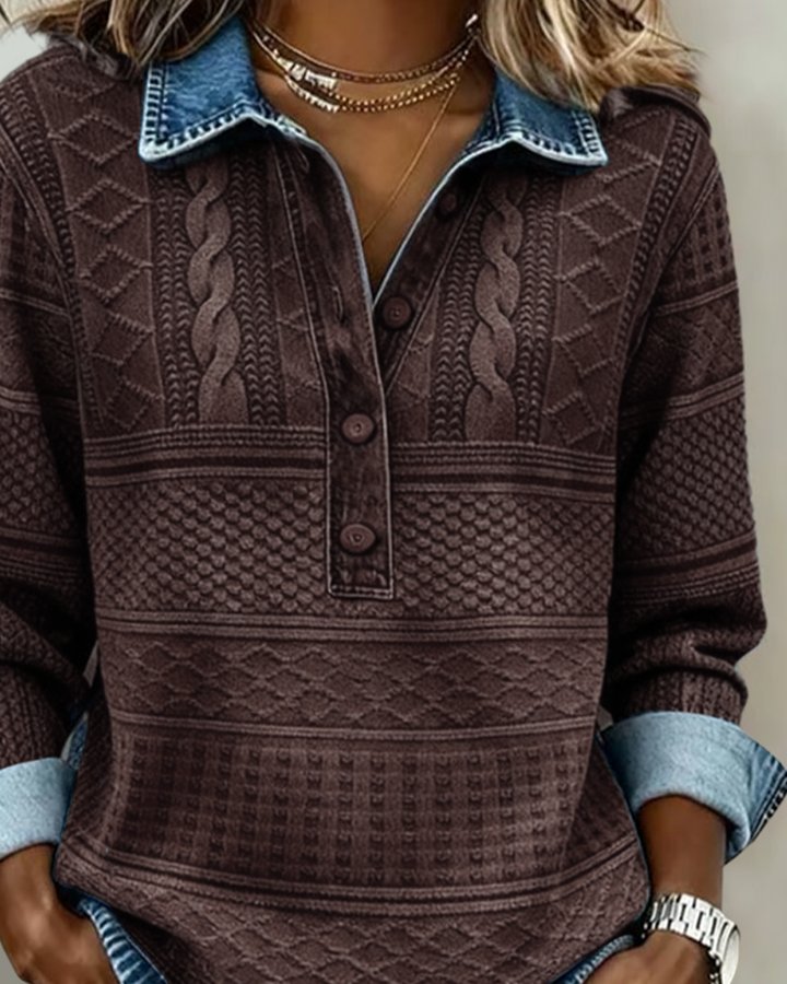 Felpa donna calda ed elegante per l'inverno, con colletto e bottoni, offre comfort e stile. Abbigliamento casual.