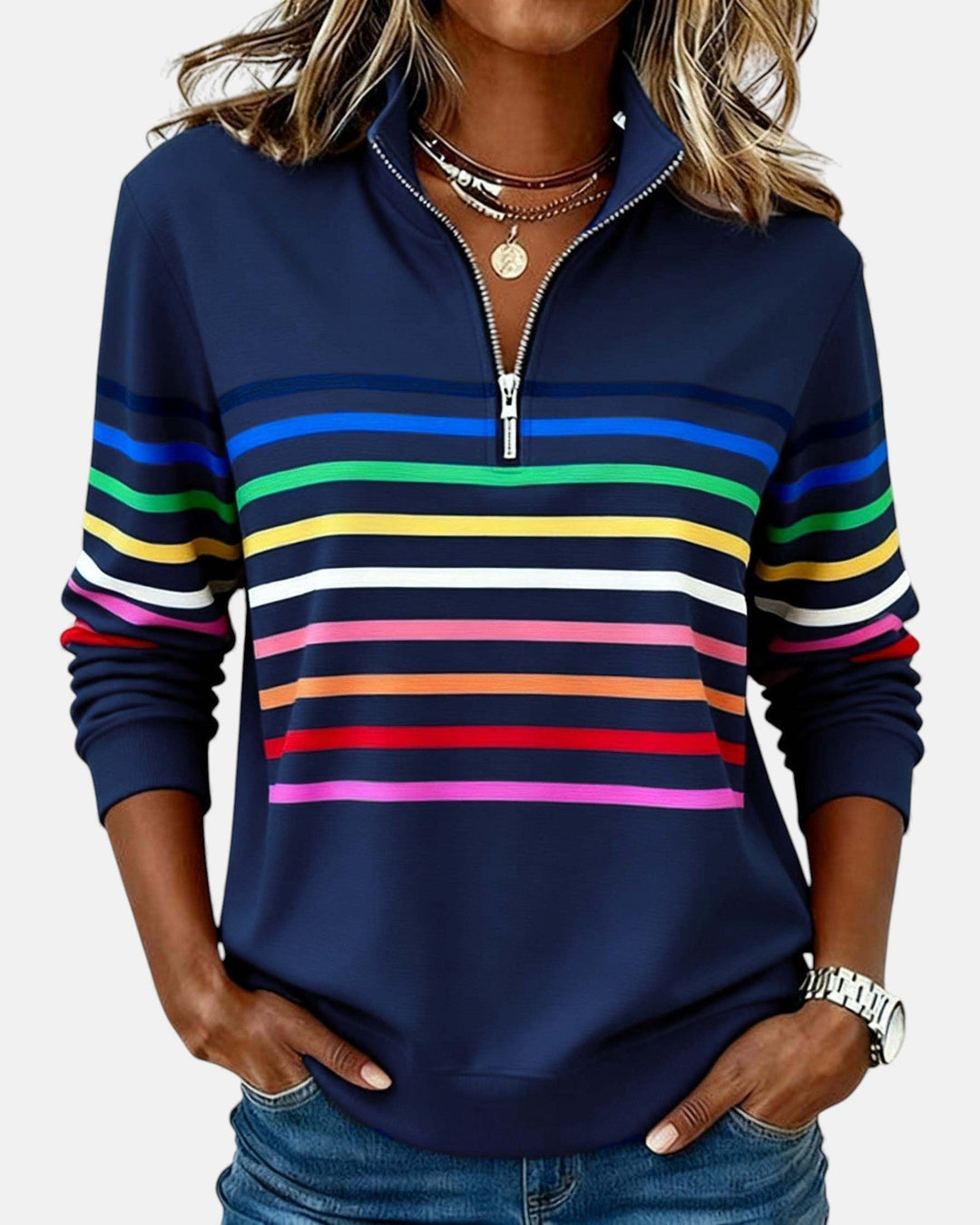 Pullover donna a righe con zip e colletto alto, una maglia perfetta per la moda autunno inverno.