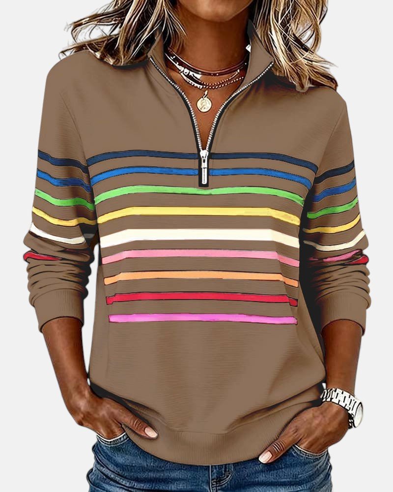 Felpa con zip da donna a righe multicolore, calda e confortevole, ideale per autunno e inverno.