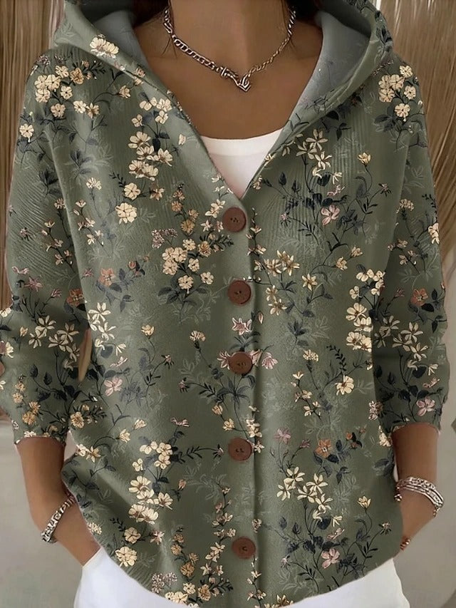 Elegante felpa cardigan donna con cappuccio e chiusura a bottoni, perfetta per un look versatile e confortevole.