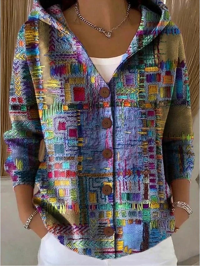 Felpa cardigan donna con cappuccio e bottoni, stile casual versatile per abbigliamento autunnale confortevole.