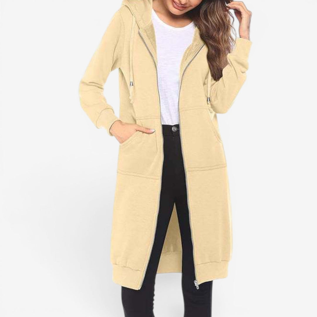 Felpa lunga con cappuccio e zip, un cardigan donna moderno e pratico per ogni occasione casual.