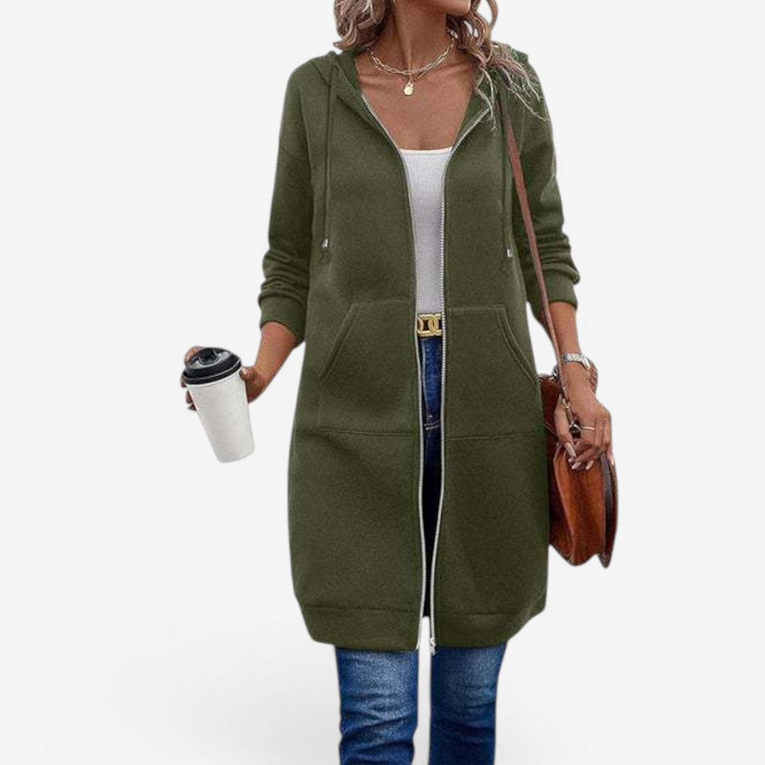 Cardigan felpa lunga donna con cappuccio e cerniera, ideale per un look casual e caldo.