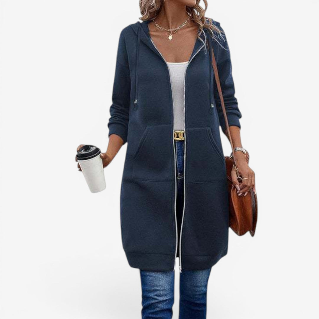 Elegante felpa donna lunga con cappuccio e cerniera, ideale per look casual chic.