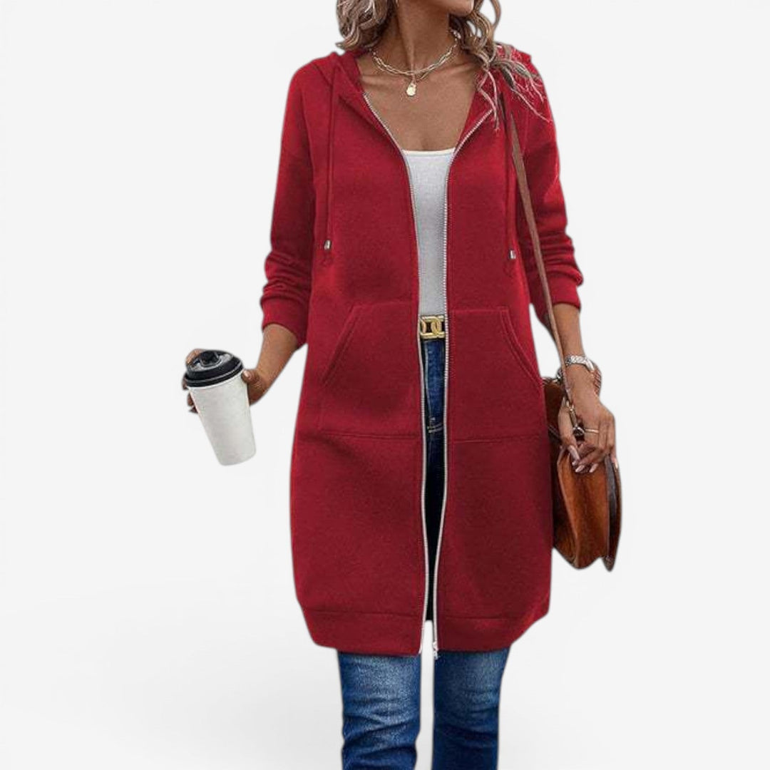 Felpa lunga donna con cappuccio e zip, calda e comoda per l'uso quotidiano in autunno/inverno.