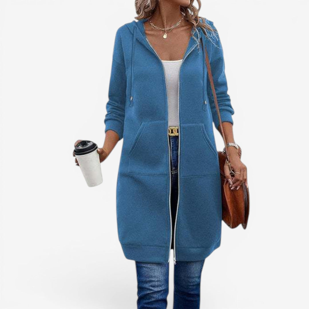 Felpa donna lunga con cappuccio e zip, comoda per stile casual autunno/inverno.