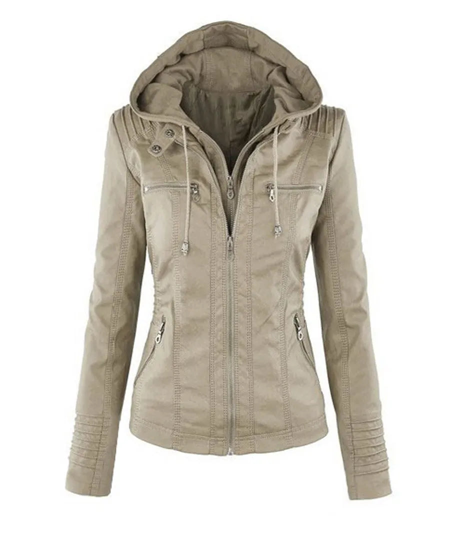 Felpa donna con vestibilità aderente, zip frontale e cappuccio removibile, per un look casual e alla moda.