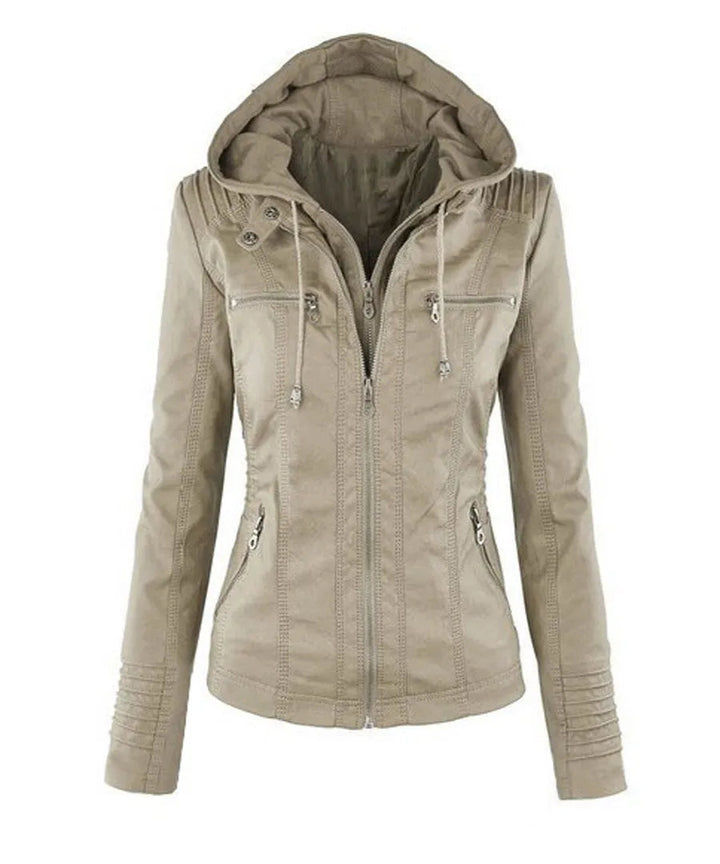 Felpa donna con vestibilità aderente, zip frontale e cappuccio removibile, per un look casual e alla moda.