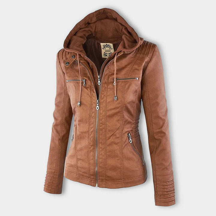 Felpa donna con cappuccio removibile, zip frontale e vestibilità aderente, per abbigliamento femminile versatile.