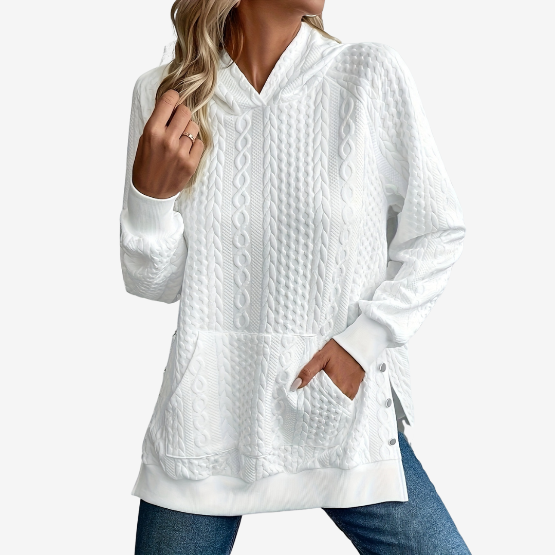 Felpa donna con cappuccio a vestibilità morbida, ideale per comfort e stile unico in autunno/inverno.