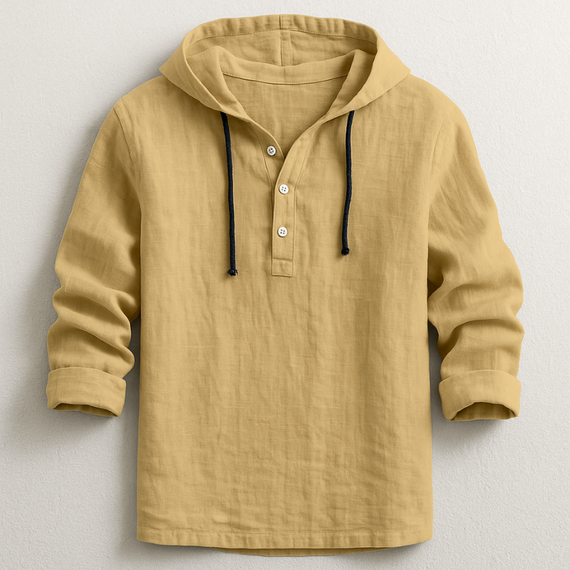Felpa uomo casual con cappuccio e collo Henley, comfort ideale per le giornate fresche di primavera/autunno.