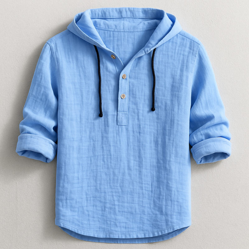 Felpa uomo con cappuccio e abbottonatura Henley, stile casual versatile per primavera e autunno.