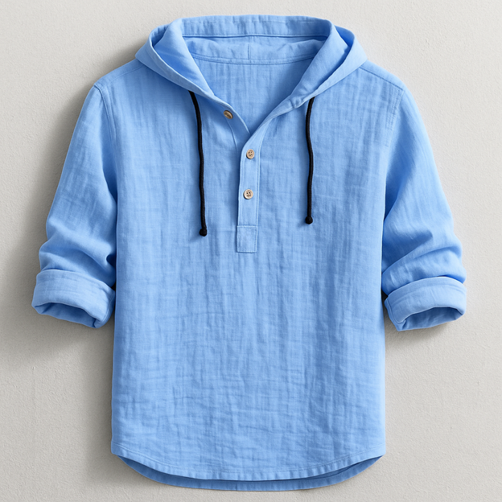 Felpa uomo con cappuccio e abbottonatura Henley, stile casual versatile per primavera e autunno.