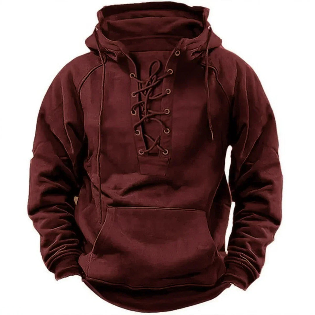 Felpa con cappuccio uomo, stile casual sportivo, perfetta per l'autunno inverno. Dettaglio allacciatura frontale.
