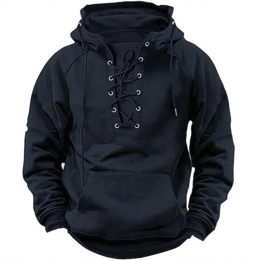 Design unico: felpa uomo con cappuccio e pratica allacciatura frontale, per un abbigliamento maschile moderno.