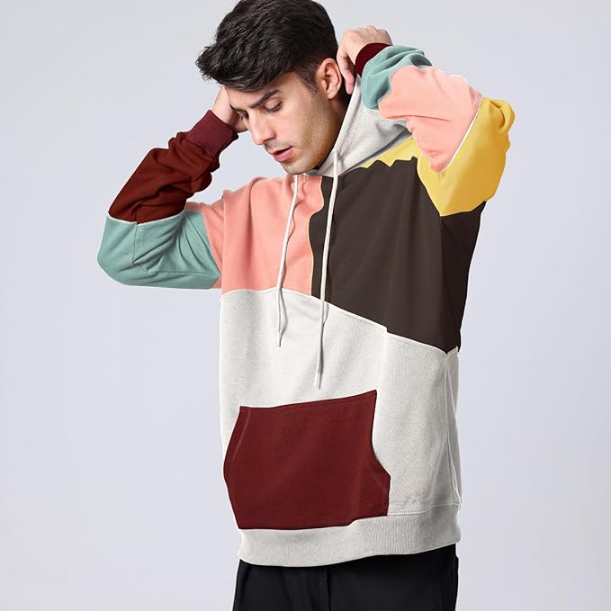 Felpa casual da uomo con cappuccio e design color block. Comfort e stile per il tuo tempo libero.