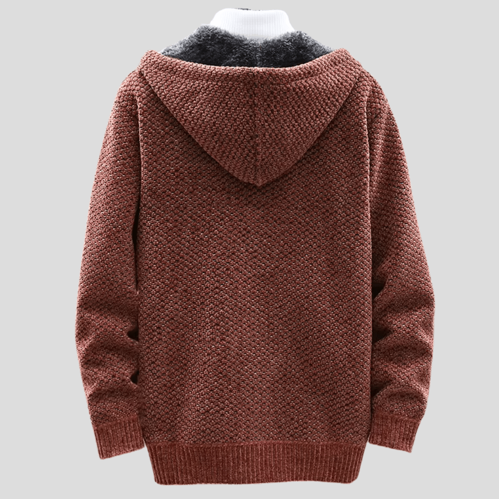 Vista posteriore della felpa uomo con cappuccio, mostra taglio e design casual. Abbigliamento confortevole.