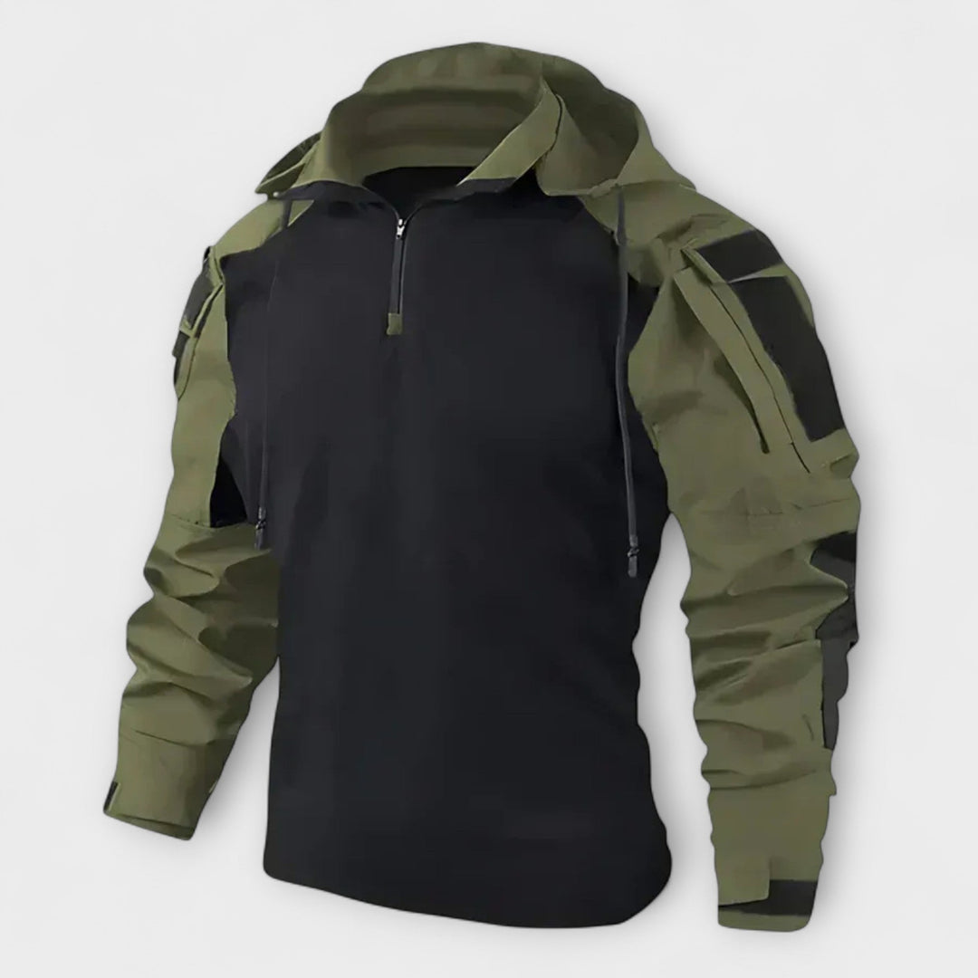 Felpa uomo con cappuccio tattico, perfetta per streetwear e casual. Comfort e stile per autunno/inverno.