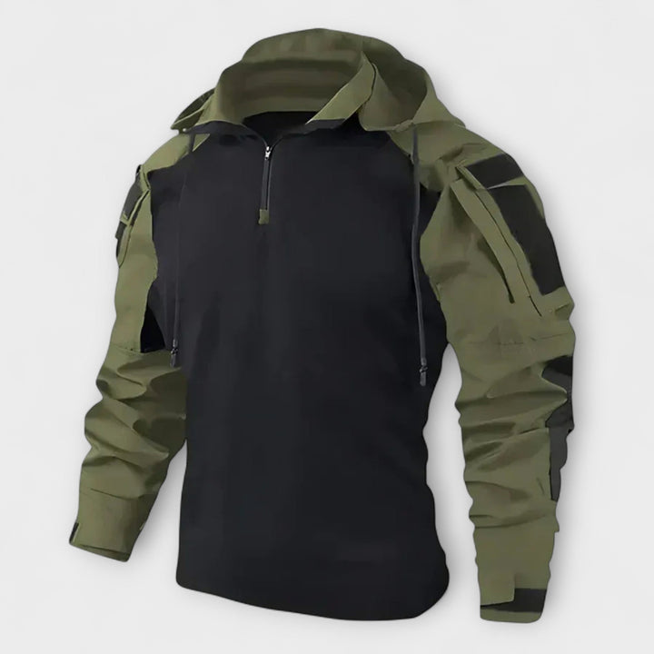 Felpa uomo con cappuccio tattico, perfetta per streetwear e casual. Comfort e stile per autunno/inverno.