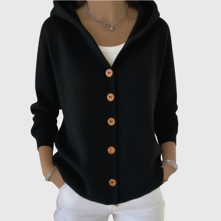 Felpa donna con cappuccio e bottoni, un cardigan lungo e pratico, adatto a diversi stili casual.