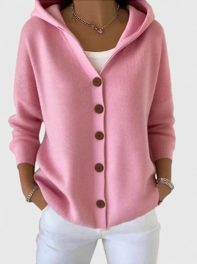 Cardigan lungo donna con cappuccio, bottoni eleganti. Ideale per look casual autunno-inverno.