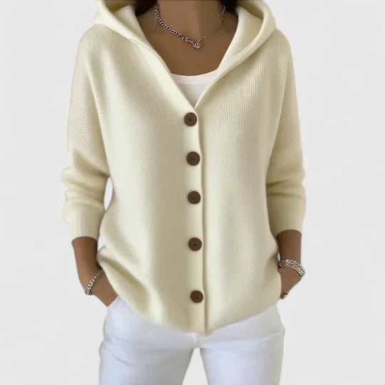 Modello lungo di felpa cardigan donna con cappuccio e bottoni, perfetto per autunno e inverno.