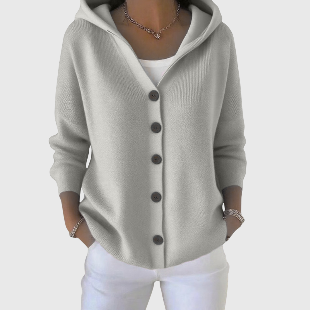 Felpa donna casual con cappuccio e bottoni, un cardigan versatile che unisce comfort ed eleganza.