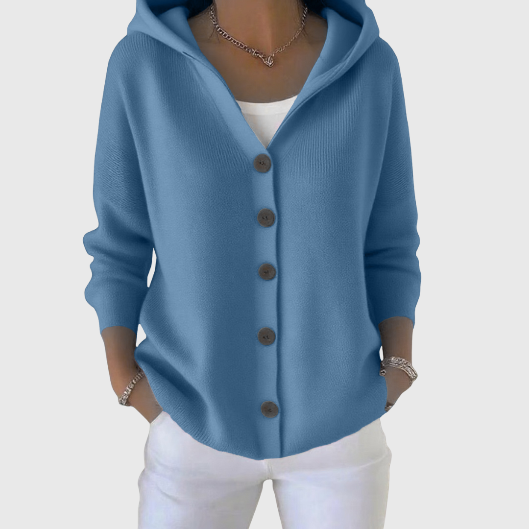 Elegante felpa donna con cappuccio e bottoni, un cardigan modello lungo perfetto per outfit casual.